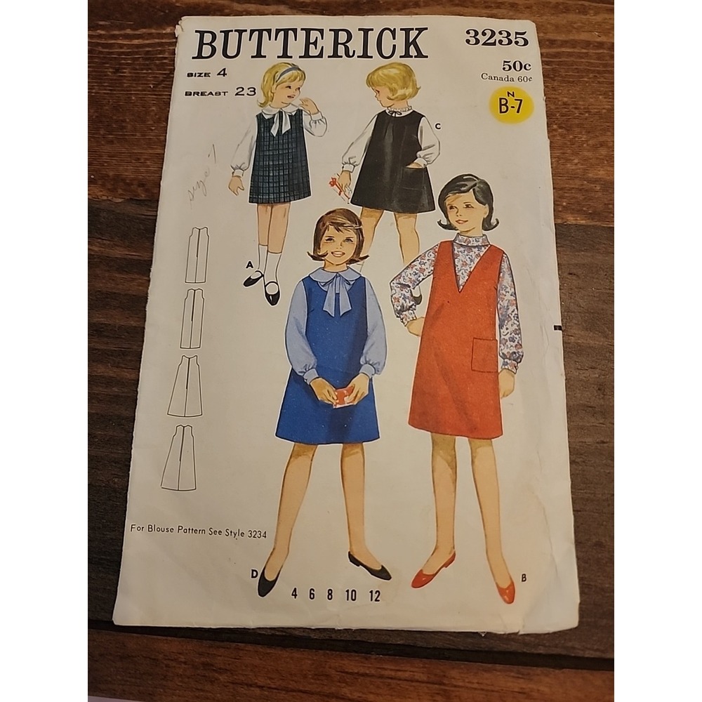 Butterick Sewing Pattern 3235 Girls Sz 4 Breast 23 Dress/jumper_1960s‎